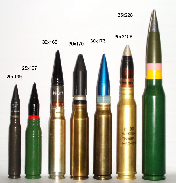 Снаряды (калибр и орудие): 20x139 (HS 820, US M139, GIAT 20M693, Rh 202), 25x137 (M242 Bushmaster), 30x165 (2A42, 2A72), 30x170 (Rarden), 30x173 (Bushmaster II / MK44, Mauser MK30), 30x210B (Zastava M86/89), 35x228 (Oerlikon KDE, Bushmaster III)