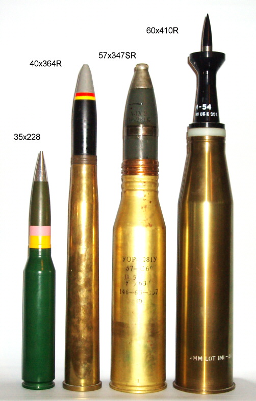 Снаряды (калибр и орудие): 35x228 (Oerlikon KDE, Bushmaster III), 40x364R (Bofors L/70, Bushmaster IV), 57x347SR (Россия АУ-220M), 60x410R (IMI / OTO 60-мм)