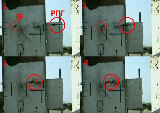 Подрыв снаряда перехватчика в непосредственной близости от гранаты РПГ.