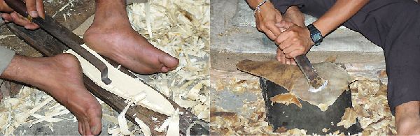 Создание двух деревянных половинок ножен и подготовка кожи для обтягивания.